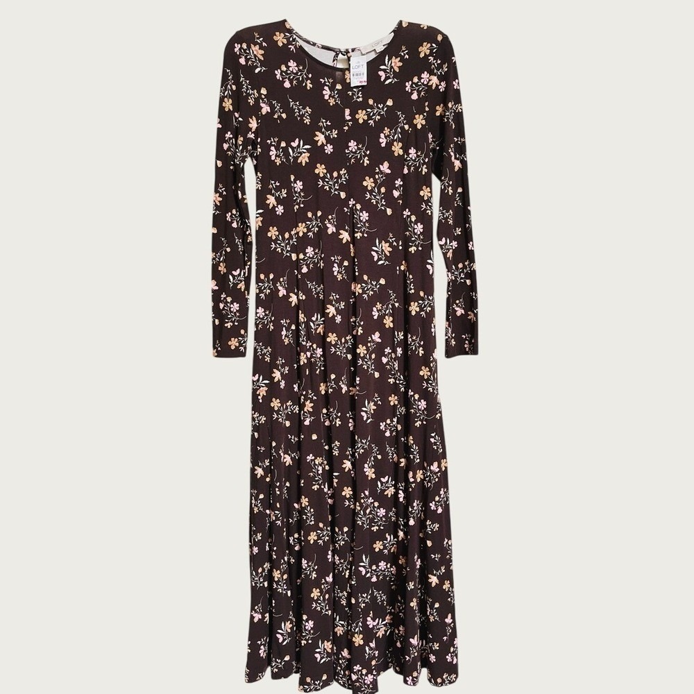 LOFT Floral Long Sleeve Fit And Flare Midi Dress Womens XS Brown Stretchy NWT